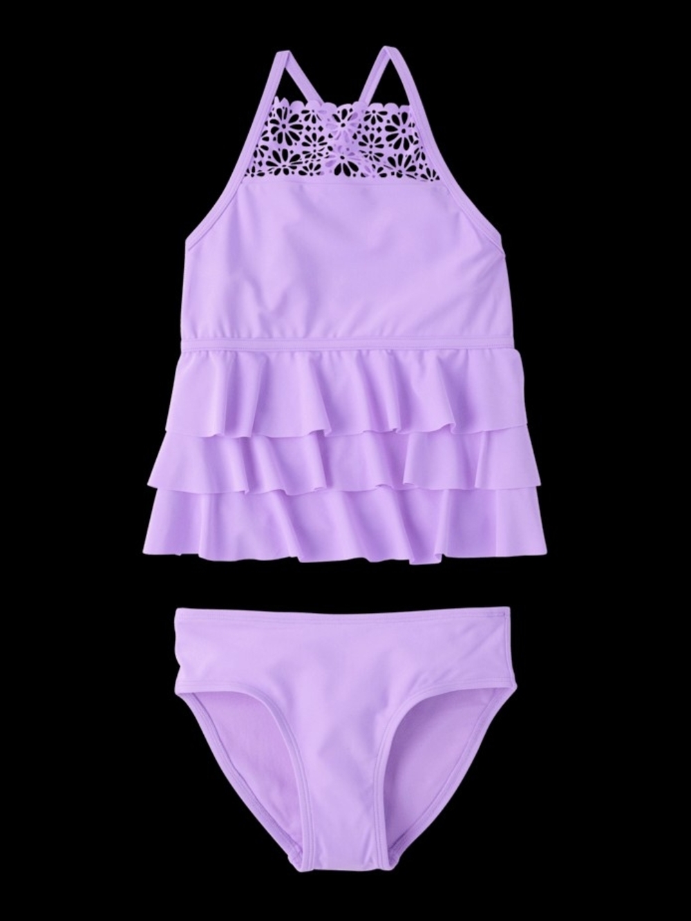 Girls' Lavender Ruffle Tankini with Laser-Cut Back - KD13